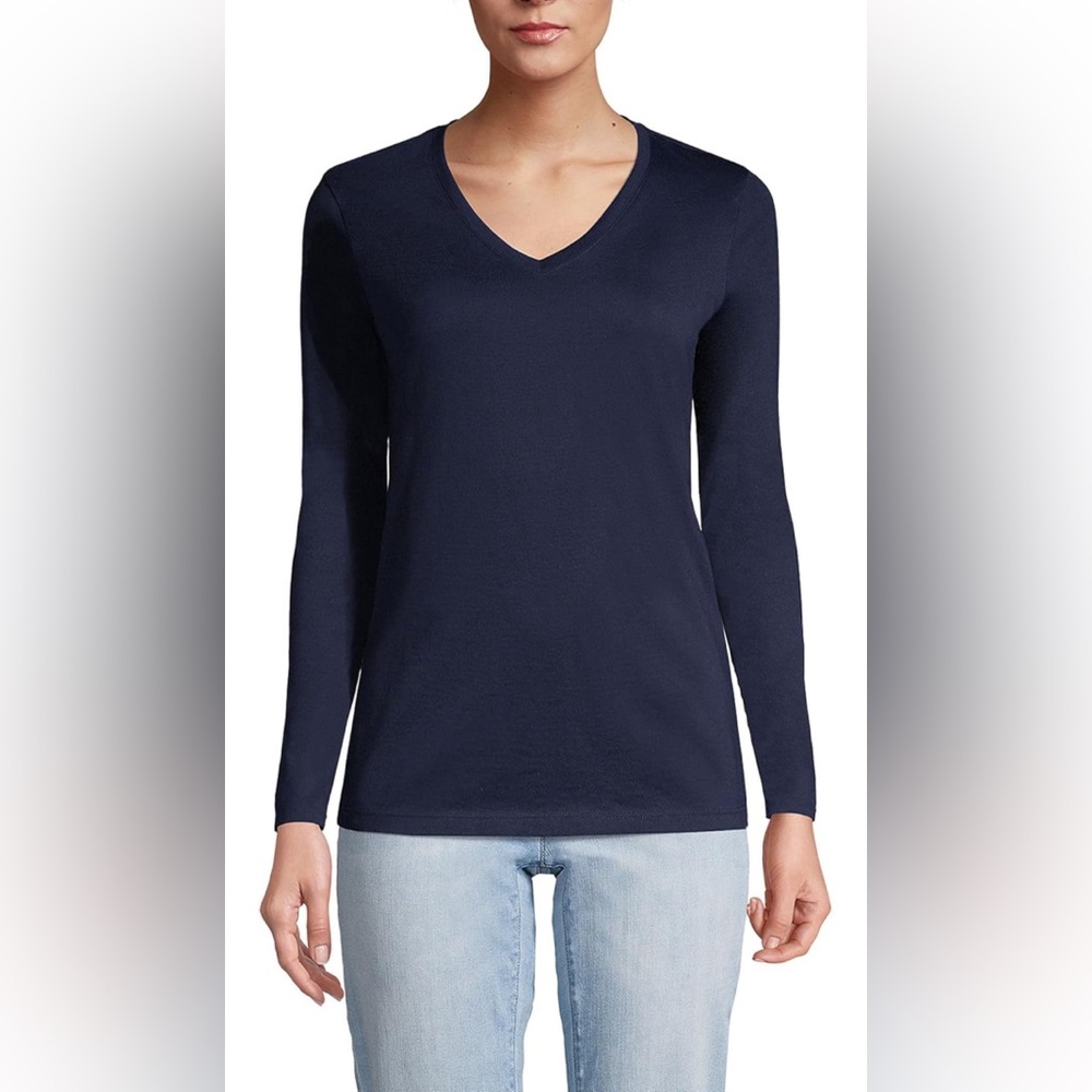 Lands End 100% Cotton Long Sleeve V-Neck Shirt, Navy (Medium Petite) **NWOT!!🎁*